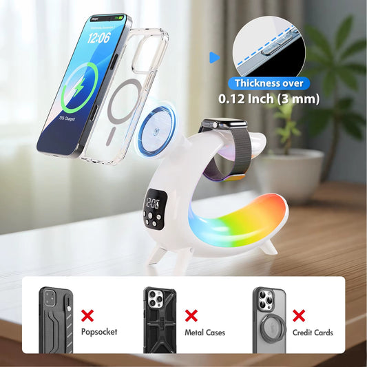 TechMX™ 6 - in - 1 Magnetic Wireless Charger - Multifunction Stand with Bluetooth Speaker, Clock & RGB Nightlight - Techmxshop.store